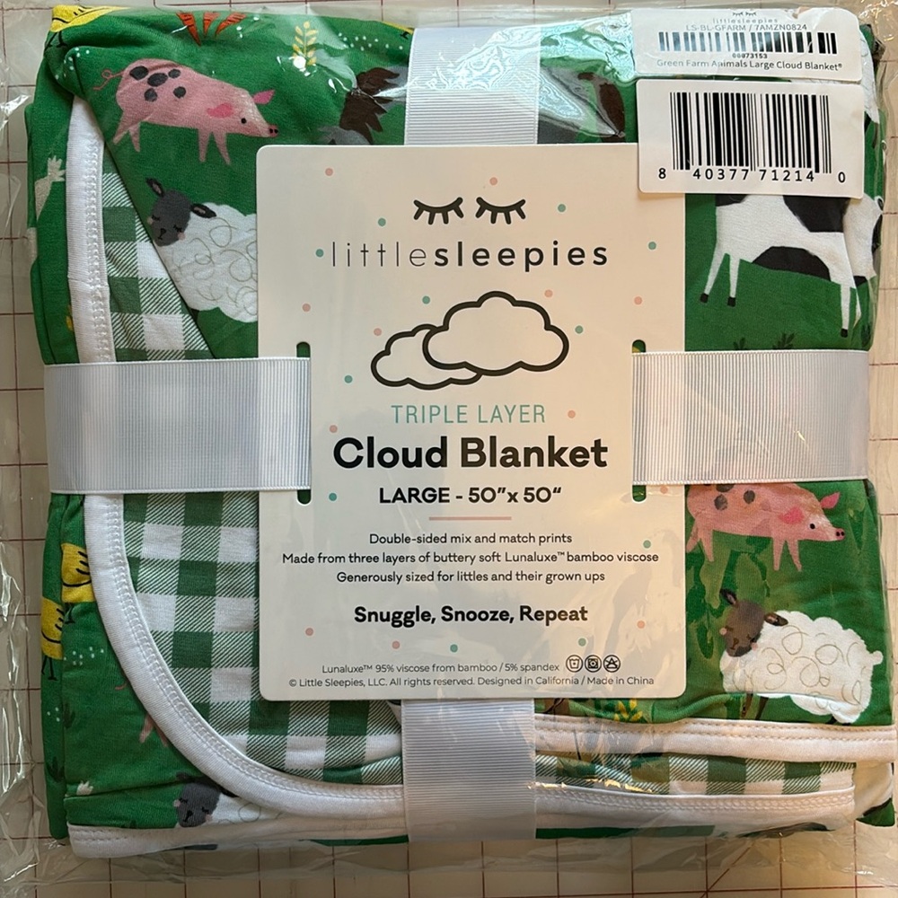 Little Sleepies Green Farm Animals Large Cloud Blanket 50”x50” NWT NIB